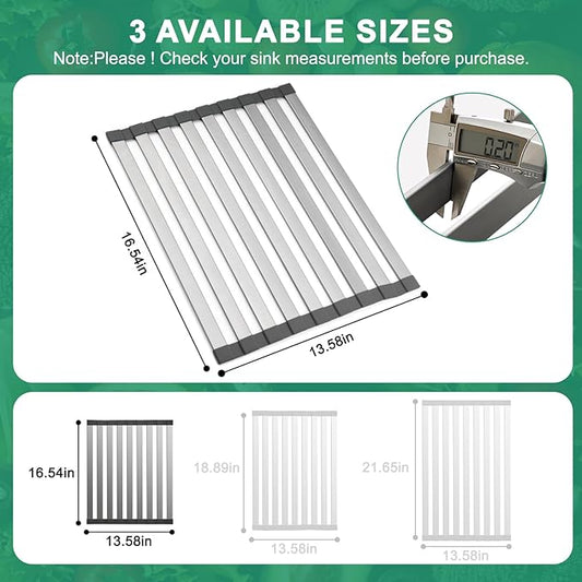 Hobychild 16.5" X 13" Roll Up Dish Drying Rack，Over The Sink Drying Rack 304 Stainless Steel Foldable Heat-Resistant Dishes Drainer for Kitchen and RV Sink Counter