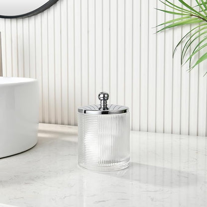 Indecor Home Clear Transparent Apothecary Ribbed Geometric Etched Glass Jar W/Silver/Chrome Metal Lid Cover for Bathroom Organization, Cotton Balls, Q Tips, and Small Accessories, Bathroom Storage