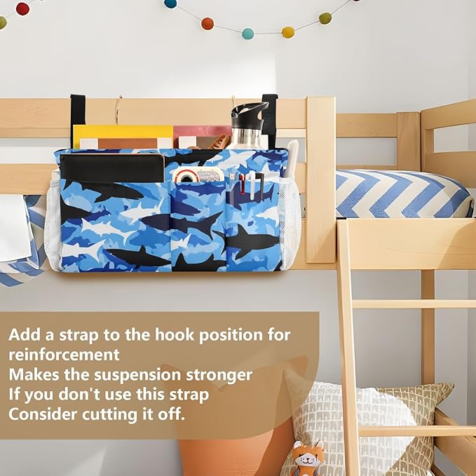 CuwrYet Bedside Caddy Hanging Bunk Bed Caddy Bed Organizer Hanging Pocket with 2 Hooks Bedside Storage Organizer Pocket Bag Holder Marine Bright Sky Blue Shark