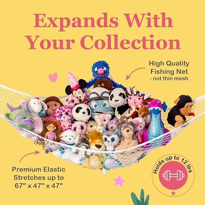 Lilly's Love Stuffed Animal Hammock | Corner Hanging Organizer, Toy Storage, Stuffed Animal Storage Net | Made From Quality Fishing Net, Holds 12lbs | 67"x47"x47" (Rainbow)