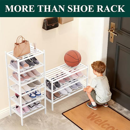 Smiry Bamboo Shoe Rack 4-Tier, Stackable Wooden Shoe Organizer for Entryway & Closet, Free Standing Wood Shoe Storage Shelf for Front Door & Small Spaces, White