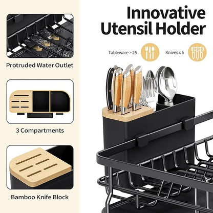 Expandable Dish Drying Rack for Kitchen Counter, Large Extendable Dish Rack with Bamboo Cover Cutlery Holder, Multifunctional Adjustable Dish Dryer Drainer
