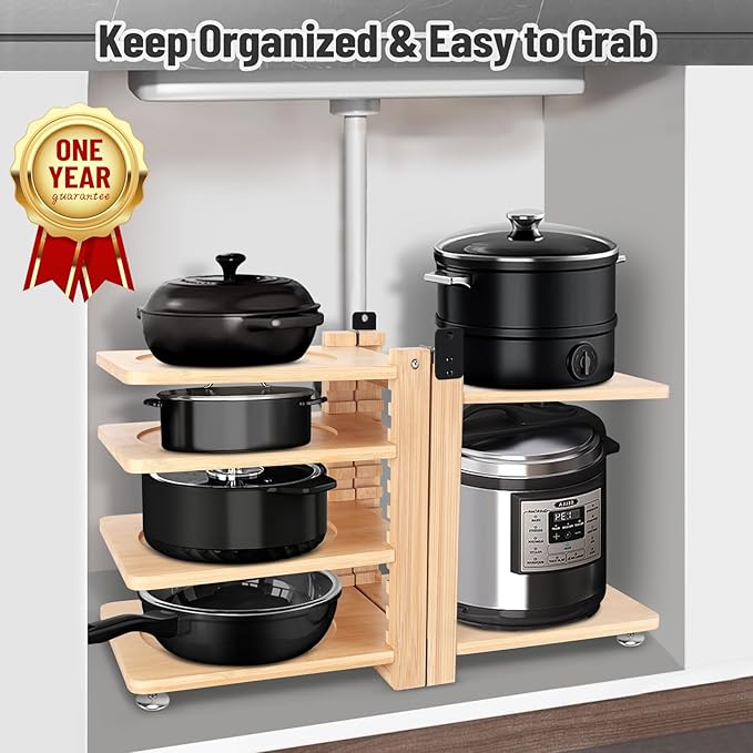 Meecoo Spring 6 Tier Pot Organizer Collapsible with 3 DIY Methods, Adjustable Pots and Pans Organizer Under Cabinet, Heavy Duty Pot Rack Inside Cabinet, Pot Holders Rack for Kitchen