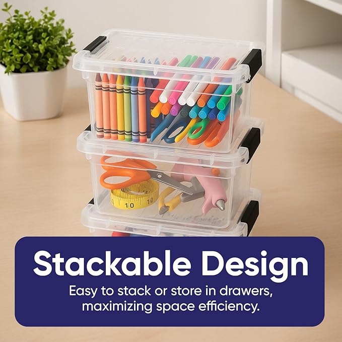 Superio Mini Storage Container Plastic Crayon Box Art Supplies and Sewing Case Stackable Clear Small Organizer for Beads, Stationery, Chalk, and Food, 1.05 Quart, 6 Pack