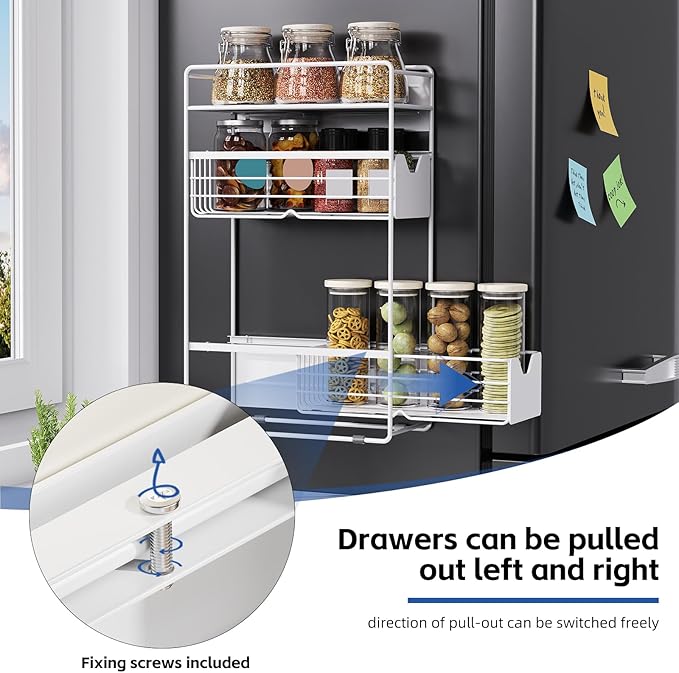 3 Tier Magnetic Shelves for Washing Machine with Pull Out Metal Drawer,Magnetic Spice Rack for Fridge,Magnetic Rack with no Installation, Versatile Storage Organizers for Home (White, 3 Tier)