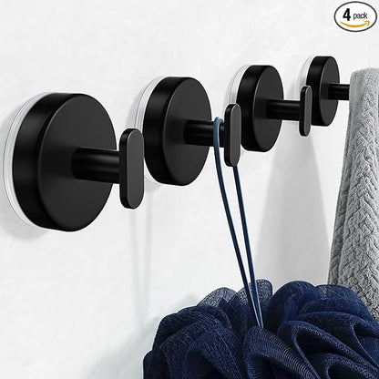 pickpiff Suction Cup Hooks for Shower: 15 LB Strong Wall Hanger for Bathroom, Front Door, Glass, Window, RV, Holder for Towel, Christmas Wreath, Coat, Loofah, Waterproof & Reusable, Matt Black 4 Pack
