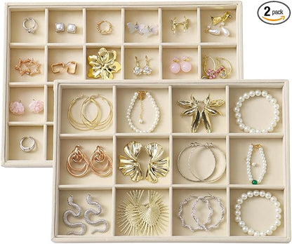KATISYIO Large Velvet Jewelry Tray 2 Pack Stackable Jewelry Display Drawer Inserts Trays Organizer for Earring Bracelet Necklace Ring (Beige, 12 Grids+24 Grids)