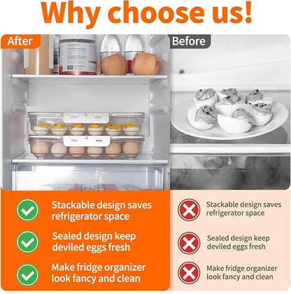 2 Pack Deviled Egg Containers with Lid and Handle, Durable Clear Plastic Deviled Egg Carrier Storage 48 Eggs, Stackable Egg Holder for Fridge, Portable Tray Platter for Party & Picnics-White