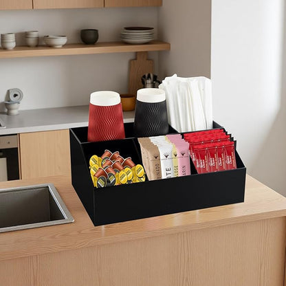 Coffee Bar Station Organizer for Countertop, Acrylic Coffee Pods Sugar Packets Tea Bags Storage Basket for Countertop, Black