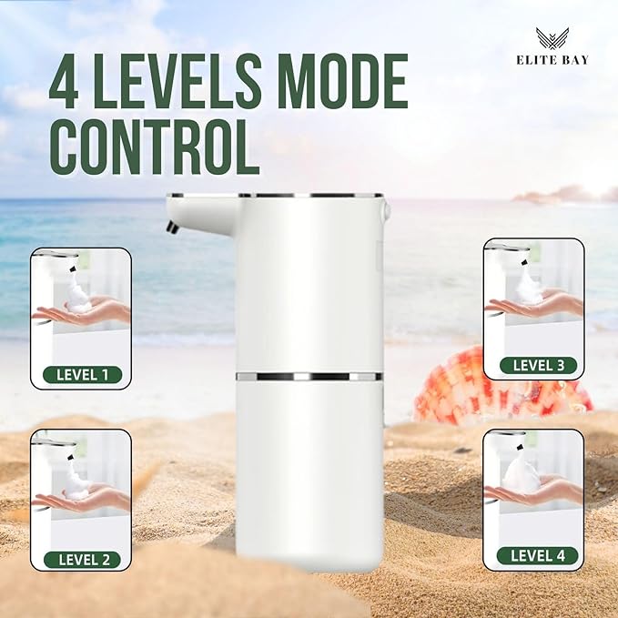 ELITE BAY Auto Foam Soap Dispenser-Touchless Soap Dispensor with Four- Speed Foam Settings | 350ml Capacity | Rechargeable 1200mAh Battery. USB Charging | ABS+PP Material | 1.5W Power White.