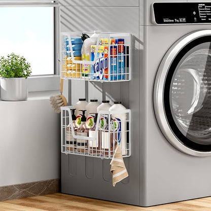 2 Set Magnetic Fridge Shelf, White Magnetic Fruit Basket for Refrigerator Organizer Storage, Potato and Onion Storage Bins, Wire Baskets Magnet Rack for Laundry Washing Machine Kitchen Shelves