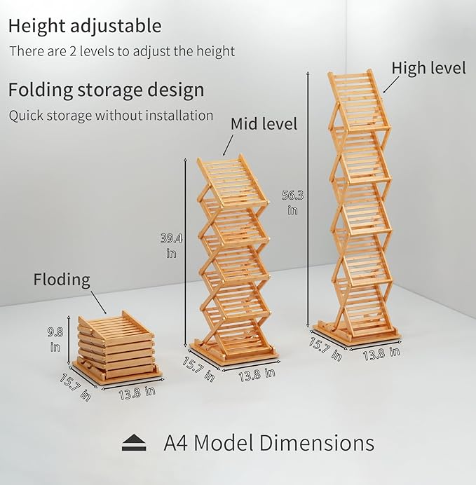 Foldable Bamboo Magazine Rack Floor, Portable Display Stand, Magazine Rack 5 Pockets, for Trade Show, Office, A4 Size