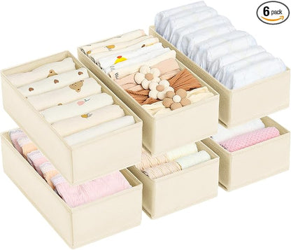 DIMJ Drawer Organizer Clothes - Underwear Organizer Small Sock Organizer Closet Organizers and Storage Box Dresser Drawer Dividers for Baby Clothes,Bra,Socks, Belt, Tie, Set of 6,Beige