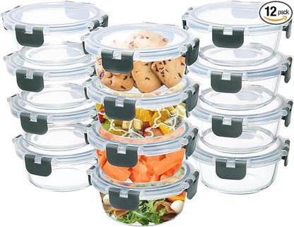12 Pack Small Glass Food Storage Containers with Lids Airtight, 13oz Leak-Proof Meal Prep Containers Set, Freezer to Microwave Safe, Dishwasher Safe