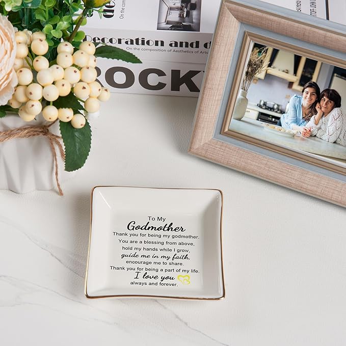 Piudee Godmother Gift - Thank You for Being My Godmother Jewelry Dish Trinket Tray, Godmom Birthday Mother's Day Christmas Gifts for Godmother, Godmother Gifts from Godchild