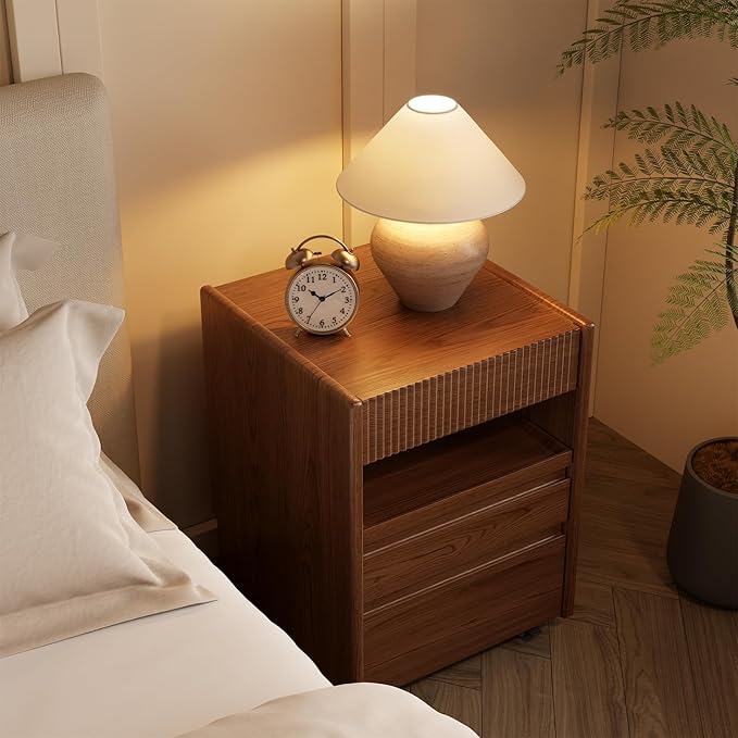 CycleCrew Mid-Century Modern Nightstand with Wheels - 100% Solid Wood Bedside Table with 3 Storage Drawers and Open Shelf Fluted Rolling Night Stand End Side Table for Bedroom, Home