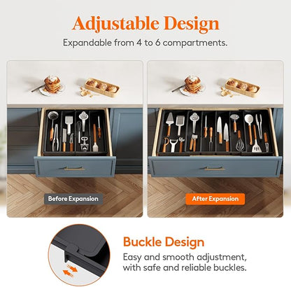 Lifewit Utensil Organizer for Kitchen Drawers, Expandable Cooking Utensil Tray, Adjustable Cutlery Silverware Flatware Holder, Plastic Spatula Tools and Gadgets Storage Divider, Black, 18"-30" x 18.5"