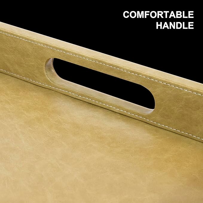 20 * 20 inches Leather Square Serving Tray with Hole Handles,High-End Light Large Service Tray for Ottoman Tray, Tea, Food, Butler - Countertop, Kitchen,Family Dinner, Picnic (Brown)