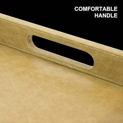 20 * 20 inches Leather Square Serving Tray with Hole Handles,High-End Light Large Service Tray for Ottoman Tray, Tea, Food, Butler - Countertop, Kitchen,Family Dinner, Picnic (Brown)