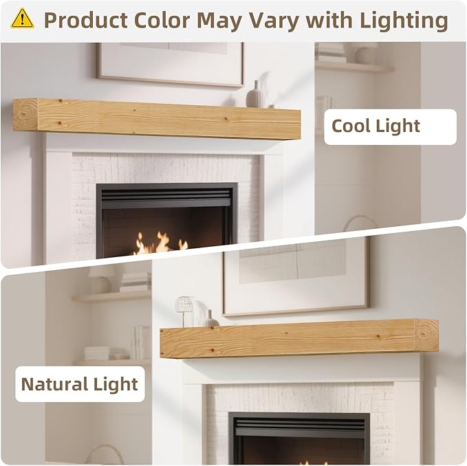 ROOMTEC Fireplace Mantel,60" Wood Floating Fireplace Shelves,Wall Mounted Wooden Display Shelving,Handcrafted Wood Brack,Natural Mantels Over Fireplace | 60" x 8" x 5"-Clear Varnished Natural Wood