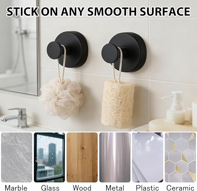 HESUSLA Suction Cup Hooks for Wreaths on Glass,2025 New Model No-Drill Suction Cup Hooks,Wreath Hangers for Front Doors,Metal Towel Hooks for Showers Bathrooms Mirrors(2 Pack,Black)