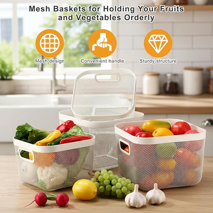 4 Pack Metal Mesh Basket with Hollow Handles White Wire Storage Bin for Organizing Stackable Metal Fine Mesh Basket for Pantry Bathroom Kitchen Cabinets Shelves (Medium and Large)