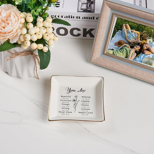 Piudee Christian Gifts for Women Trinket Dish Tray Jewelry Plate, Faith Religious Spiritual Gifts Bible Verse Gifts for Christian Teen Girls Birthday Christmas Inspirational Gift