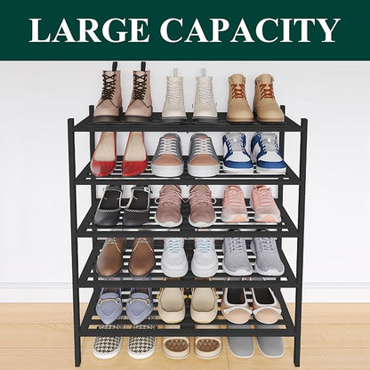 Smiry Bamboo Shoe Rack 5-Tier, Stackable Wooden Shoe Organizer for Entryway & Closet, Free Standing Wood Shoe Storage Shelf for Front Door & Small Spaces, Black