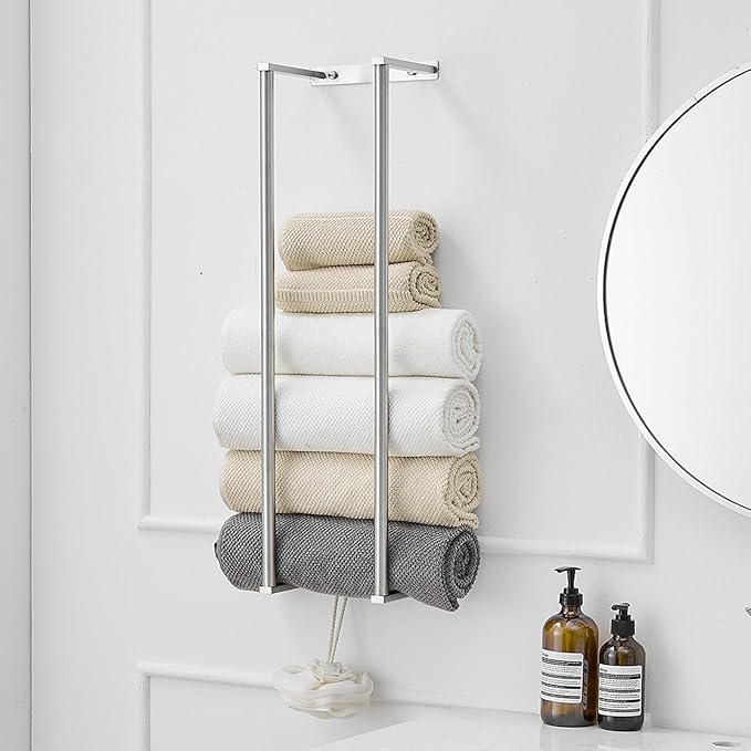 BWE Brushed Nickel Towel Racks for Bathroom, 28" Stainless Steel Bathroom Towel Holder for Rolled Towels, Wall Mounted Towel Storage for Bathroom with 2 Hooks, 6 Large Bath Towels Capacity