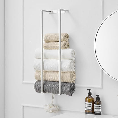 BWE Brushed Nickel Towel Racks for Bathroom, 28" Stainless Steel Bathroom Towel Holder for Rolled Towels, Wall Mounted Towel Storage for Bathroom with 2 Hooks, 6 Large Bath Towels Capacity
