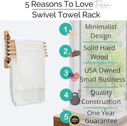 Swivel Towel Rack - Clothes Drying Rack Wall Mounted - Crafted with Rustic Hard Wood - 5 Durable Rods, Stylish and Home Docor Design for Bathroom, Laundry Room
