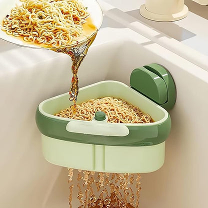 Suction Cup Sink Corner Rack – Triangular Basket with Drain, Self-Cleaning Strainer & Sponge Holder, No-Drill Wall Storage (Green+Yellow)