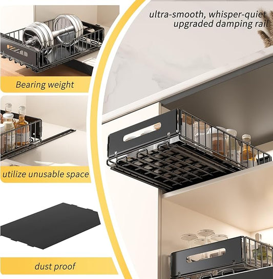 2 Pack Pull Out Cabinet Organizer, Slide Out drawers for cabinets, Heavy Duty Carbon Steel Roll Out Shelves for kitchen, bathroom, under sink, pantry (14.7’’-23.1’’ Slide, Adhesive & Screw)