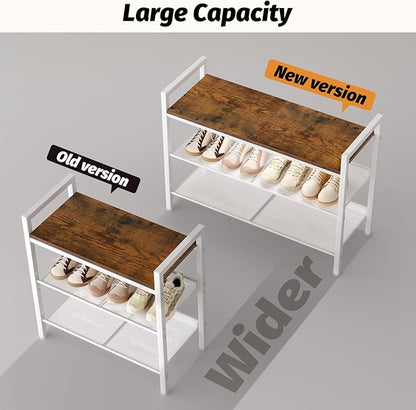 Shoe Rack for Front Door Entrance, 3 Tier Shoe Rack for Entryway, Shoe Shelf for Closet, Metal Shoe Racks Organizer with Sturdy Wooden Top & Steel Frame,(White+Beige)