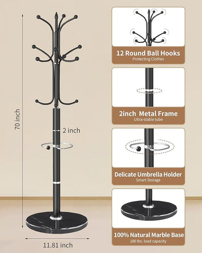 Modern Coat Rack Stand, Metal Freestanding Coat Rack with Natural Marble Base, Heavy-Duty Coat Racks with Umbrella Holder,Black Coat Hanger Stand with 12 Hooks for Office, Entryway, Hallway