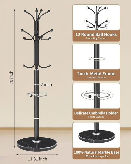 Modern Coat Rack Stand, Metal Freestanding Coat Rack with Natural Marble Base, Heavy-Duty Coat Racks with Umbrella Holder,Black Coat Hanger Stand with 12 Hooks for Office, Entryway, Hallway