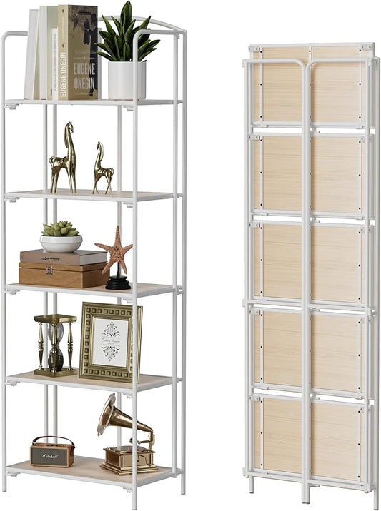 Crofy No Assembly Folding Bookshelf for Living Room, 5 Tier White Collapsible Book Shelf for Home Office, Portable Bookcase Storage Organizer