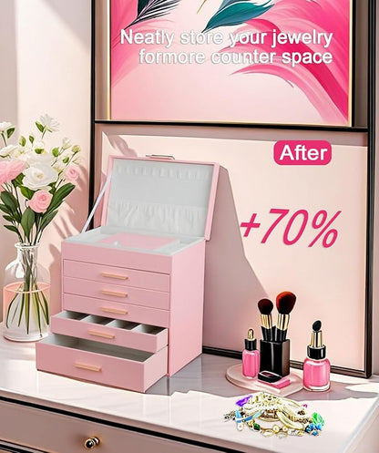 BOOVO Jewelry Box with Necklace Hanger – 6 layer Jewelry Organizer for Women with 5 Drawers, Large Jewelry Storage Boxes –Jewelry Organizers and Storage for Earrings, Necklaces (Pink, 6 layer)