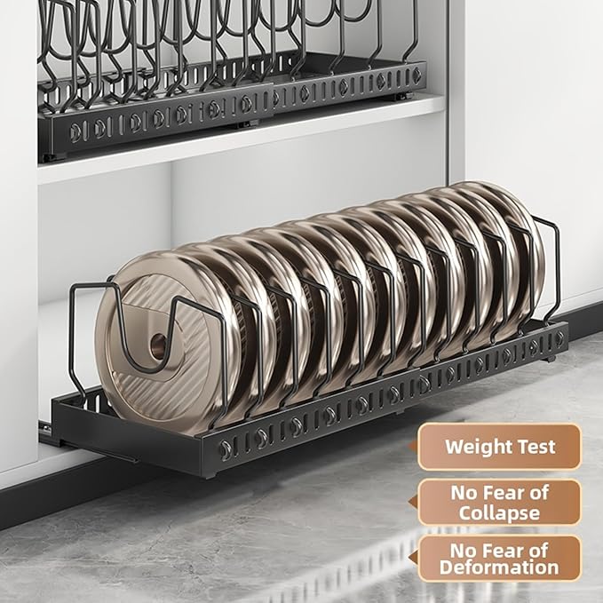 Mnftive pots and pans organizer under cabinet,pot lid organizers inside cabinet holders for kitchen,Horizontal and vertical pulling modes,cast iron storage ((2pcs) Black vertical)
