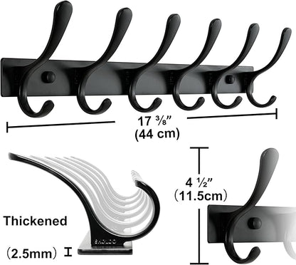 SKOLOO Coat Rack Wall Mounted - 6 Hooks, Heavy Duty, Stainless Steel, Metal Wall Hanger, Sturdy Coat Hooks for Hanging Coats, Jacket, Clothes, Hats - Black