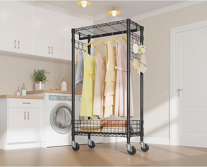 VIPEK R1 Rolling Clothes Rack with Pegboard Organizer Portable Closet for Hanging Clothes with Lockable Wheels & Removable Basket, Compact Clothing Rack for Small Spaces Apartments/Bedroom, Black