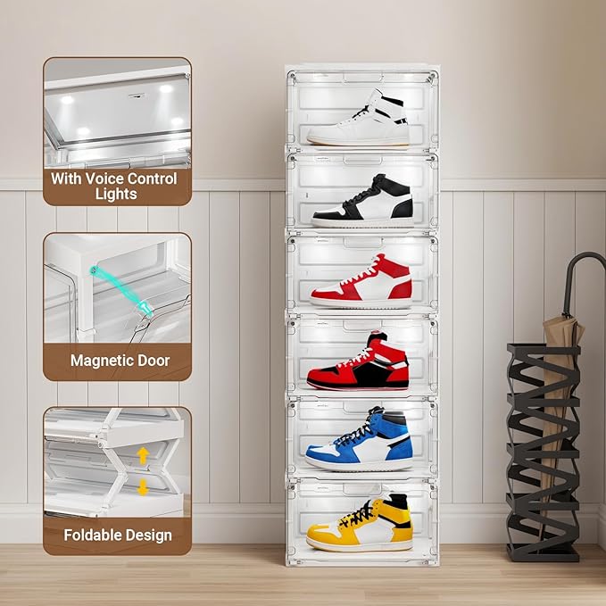 BROVIEW Led Shoe Boxes, Shoe Display Case with Lights, Large Clear Plastic Foldable Shoe Storage Box, Voice Activated Led Shoe Organizer Sneaker Case, Collection Crate, 1 Row 6 Tier White
