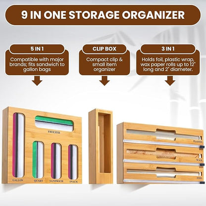 9-in-1 Bamboo Kitchen Drawer Organizer - Storage Bag Holder with Built-In Foil & Wrap Cutter Dispenser - Wooden Food Storage Bag Organizer for Gallon, Quart, Sandwich and Snack Sizes