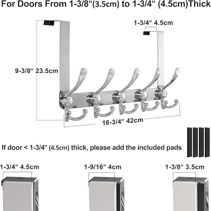 Dseap Over Door Hook 2.0 - Upgraded Version - Simple-Assembly, Strong, Heavy-Duty Stainless Steel 5-Tri-Hook Over The Door Hanger Rack, SimpleStrong Series, Chromed, Pack of 2