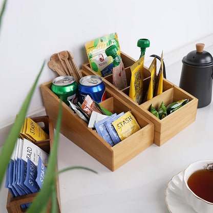 HTB 4-Section Snack Organizer with Removable Dividers for Kitchen, Cabinet, Office, Countertop, 2 Pack Bamboo Pantry Storage Organization for Spice Packets, Seasoning Pouches, Coffee Pods