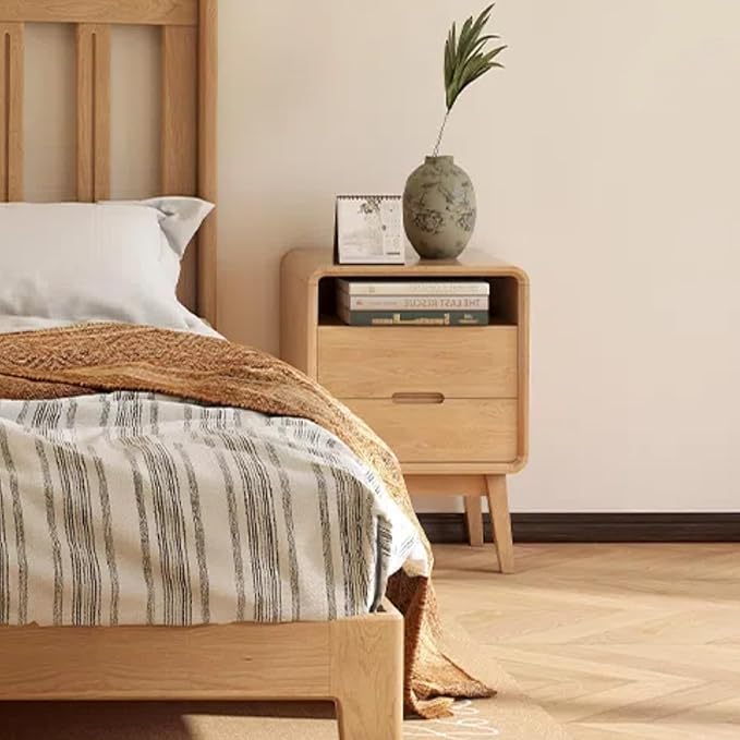 Vadisun 100% Solid Oak Wood Nightstand with 2 Drawers, Mid Century Modern Night Stand with Open Shelf, Wooden Nightstand, Small Night Stand for Small Spaces, Oak Bedside Table for Bedroom(23.23" H)