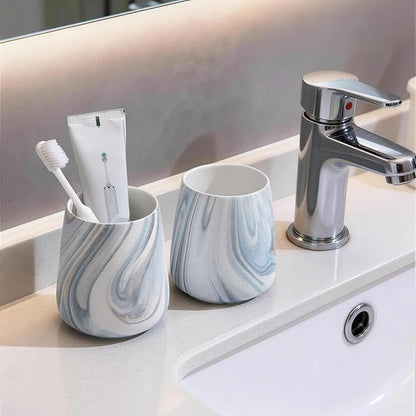 2Pcs Toothbrush Holder for Bathroom - Marble Blue Ceramic Tooth Brushing Holders Set, Toothbrush Cup & Toothpaste Organizer for Bathroom Countertop, Makeup Brush Holder, Pen Holder for Home Storage