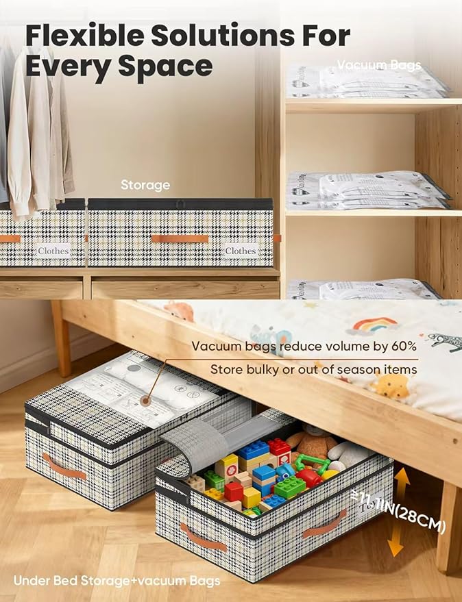 TOSKING Under Bed Storage with Wheels 2 Pack, Adjustable Height 7.9"-10.2", 6 Vacuum Bags, 900D Oxford Rolling Underbed Bins, Heavy Duty Drawer Organizer, Organizer for Clothes, Shoes, Houndstooth