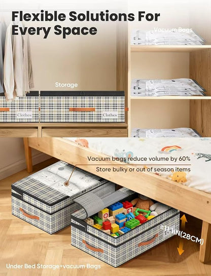 TOSKING Under Bed Storage with Wheels 2 Pack, Adjustable Height 7.9"-10.2", 6 Vacuum Bags, 900D Oxford Rolling Underbed Bins, Heavy Duty Drawer Organizer, Organizer for Clothes, Shoes, Houndstooth
