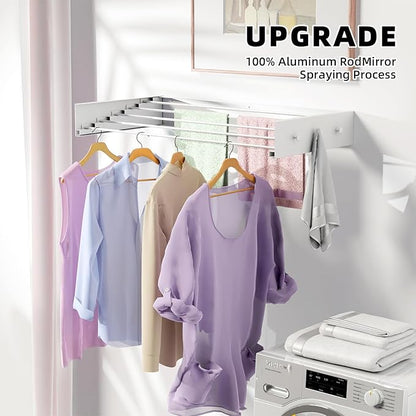 Upgrade Laundry Drying Rack, 31.5" Drying Rack Clothing Wall Mounted,Foldable, 5 Aluminum Rods with 6 Hooks, Space-Saving White Collapsible Drying Racks Hanger for Laundry Bathroom